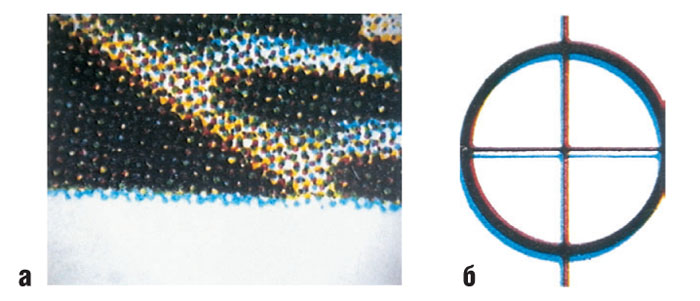 Отклонения совмещения цветов на метке приводки: а — растровое изображение, б — приводочная метка.